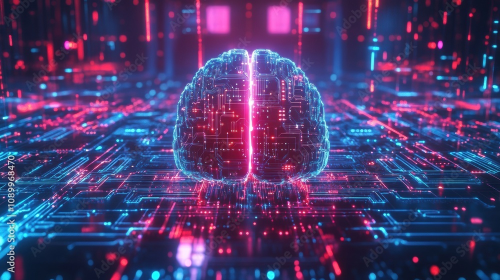 Poster a colorful digital brain surrounded by intricate circuitry symbolizes the fusion of technology and i