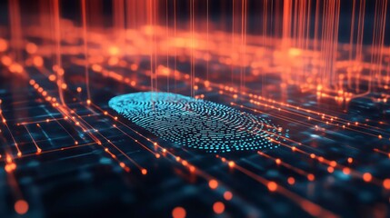 A glowing blue fingerprint on a digital circuit board with red lines.