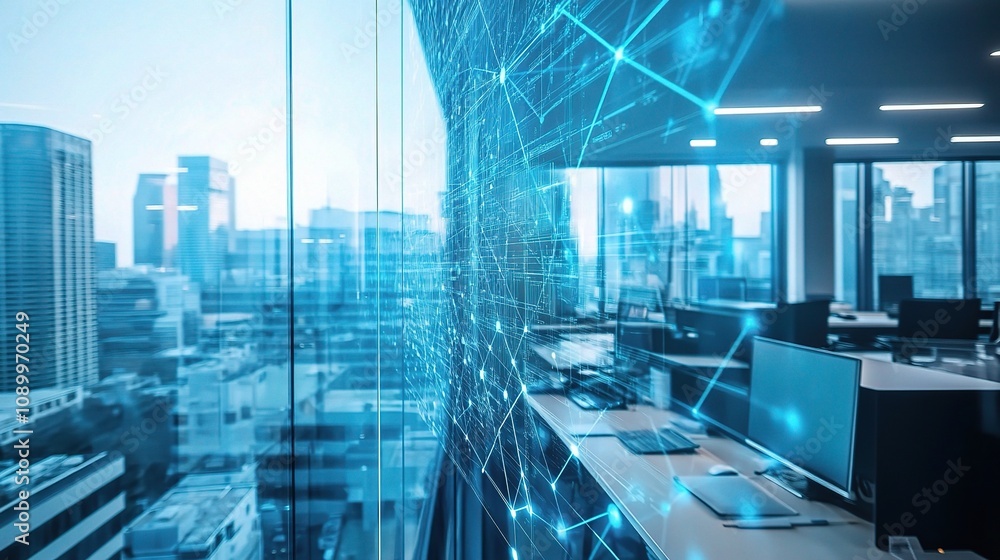 Aufkleber modern office space with city view featuring digital network connections and technology integration 