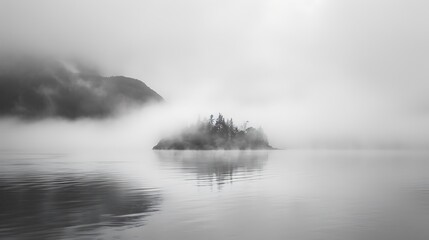 Fototapeta premium A serene black-and-white landscape featuring a misty island reflected in calm waters.