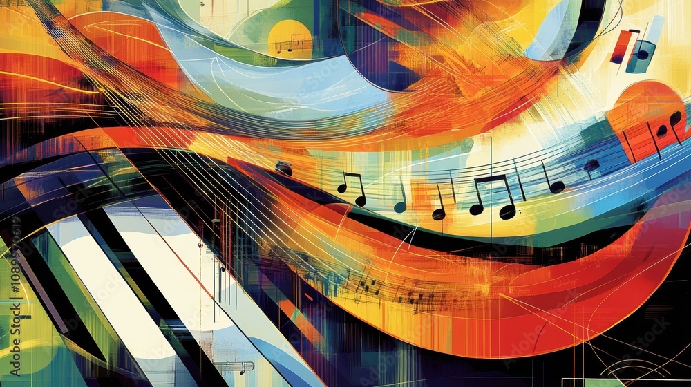 Poster An abstract representation captures the essence of sound waves with colorful musical notes and instruments swirling harmoniously. Generative AI