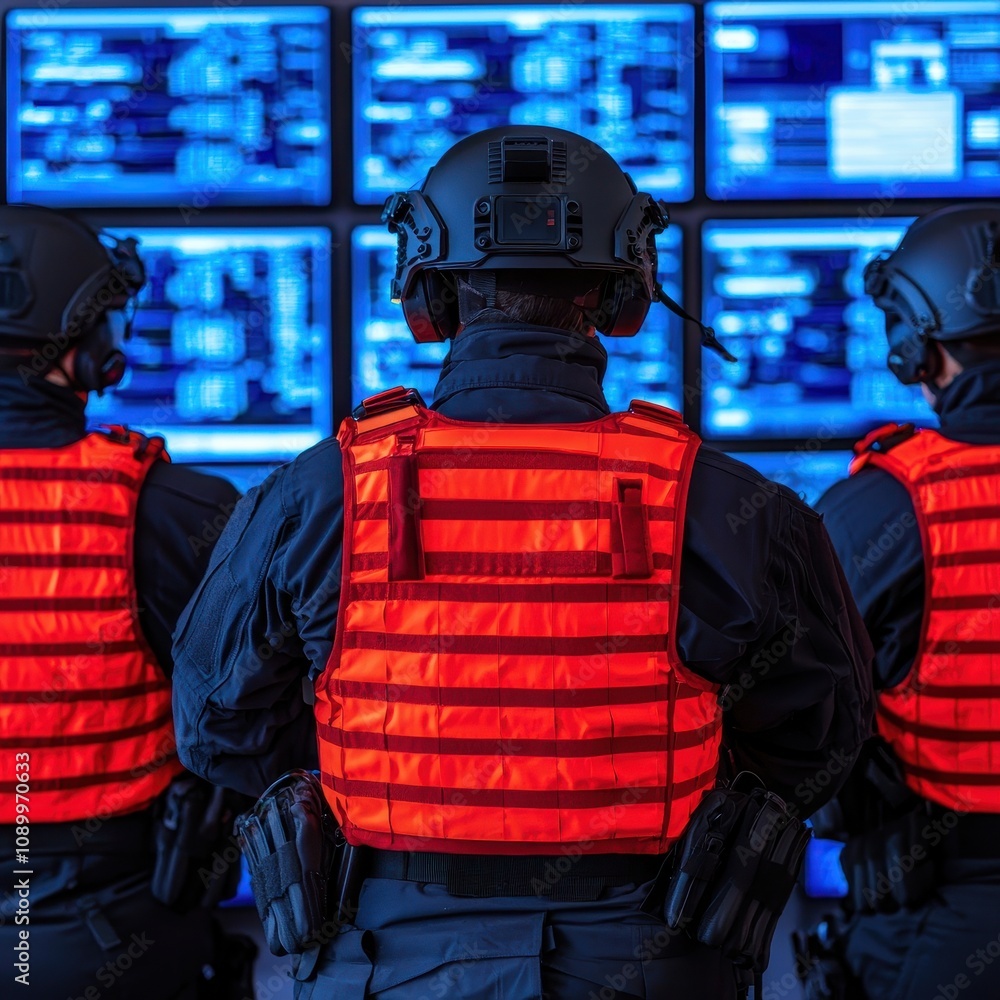 Poster three tactical officers in bright orange vests monitor multiple screens displaying data, emphasizing