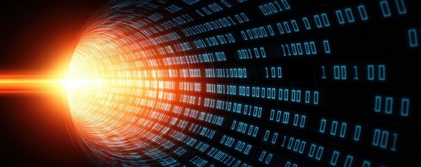 Obraz premium A vibrant tunnel of light and binary code, symbolizing digital transformation and data flow in technology.