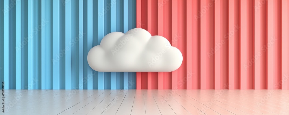 Poster a minimalist cloud rests on a split background of blue and pink vertical stripes, creating a serene 