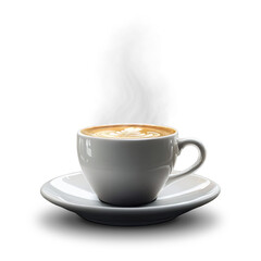 A cup of coffee with creamy latte art on a saucer, featuring soft transparent steam and subtle shading, isolated on a blank background