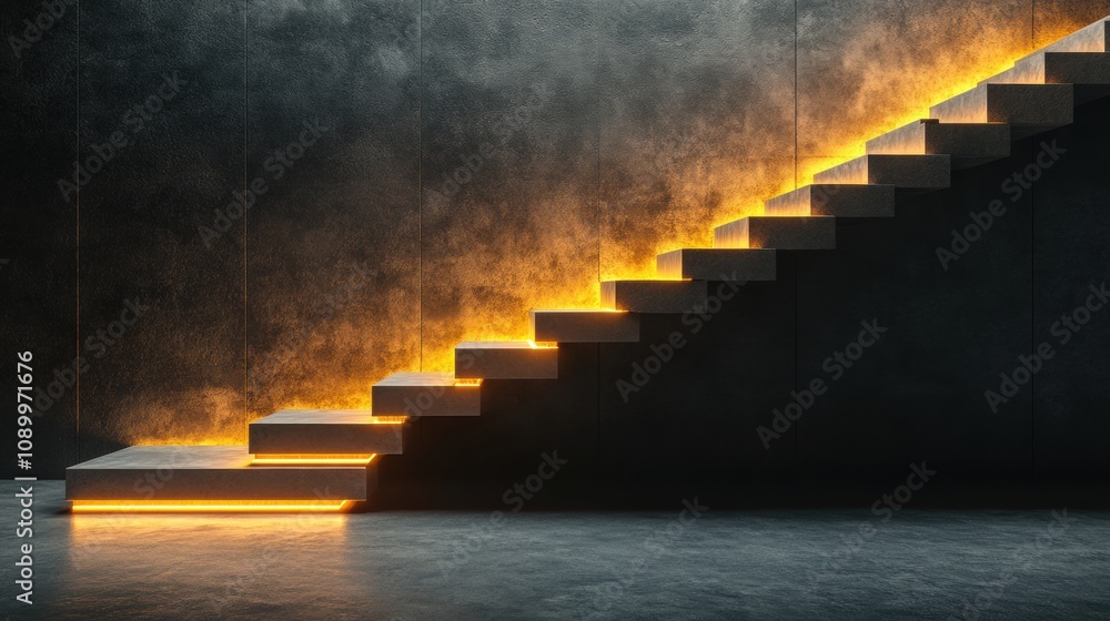 Poster a sleek staircase illuminated by warm light ascends into a dark, modern room, showcasing an intrigui