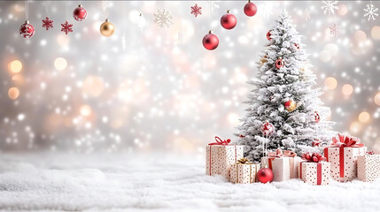 Realistic photo small red ornaments and small gold ornaments hanging from the ceiling party room on the top of the frame blures white snow on christmas tree beautiful g