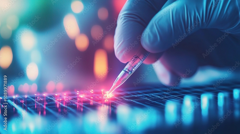 Poster close-up of a scientist's hand holding a syringe and injecting a liquid into a microscope slide with