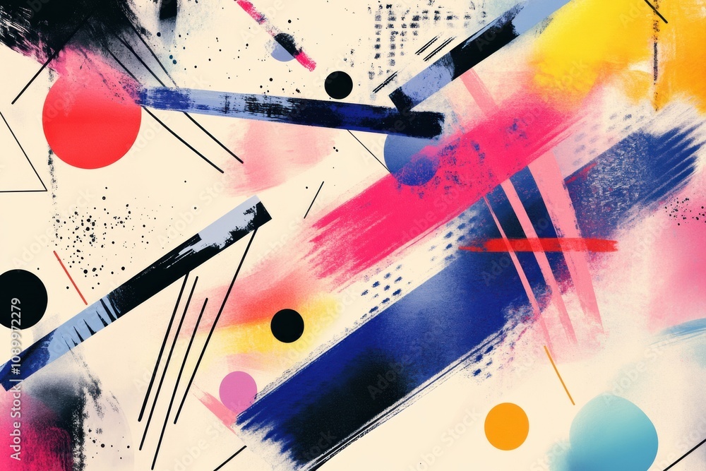 Aufkleber vibrant paint strokes in various colors interact with geometric shapes, offering an energetic compos