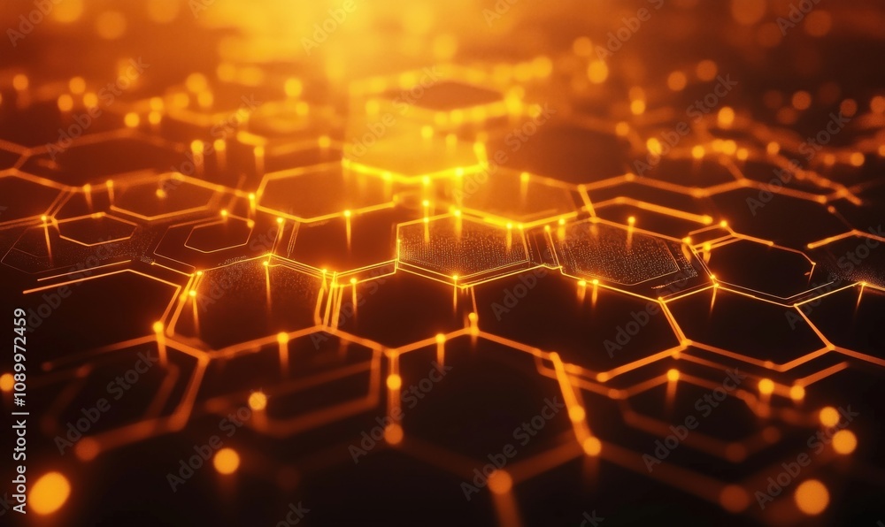Poster hexagonal pattern glowing in orange light, intricate design with luminous edges, abstract background