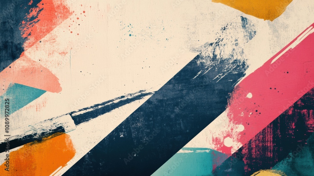 Poster colorful paint strokes and geometric shapes combine creativity with dynamic expression, featuring br
