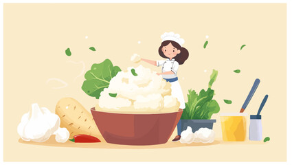 A young girl cooking a mouthwatering batch of mashed potatoes in a large pan, surrounded by various fresh ingredients.