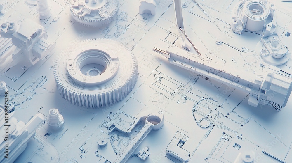 Poster detailed representation of engineering blueprint with mechanical components including gears, caliper