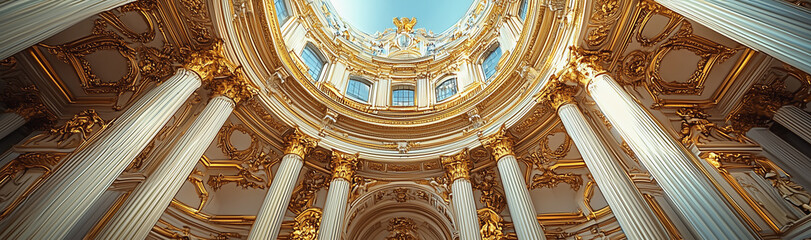 Fototapeta premium Golden pillars illuminated by sunlight in a grand classical hall interior. 