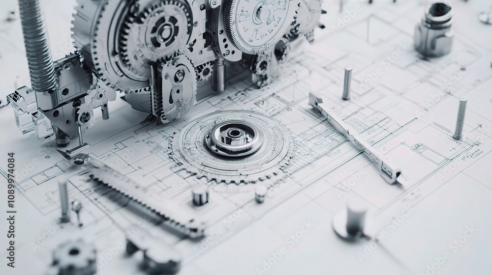 Poster intricate detail of mechanical gears and blueprint in a standard scale, capturing the essence of pre
