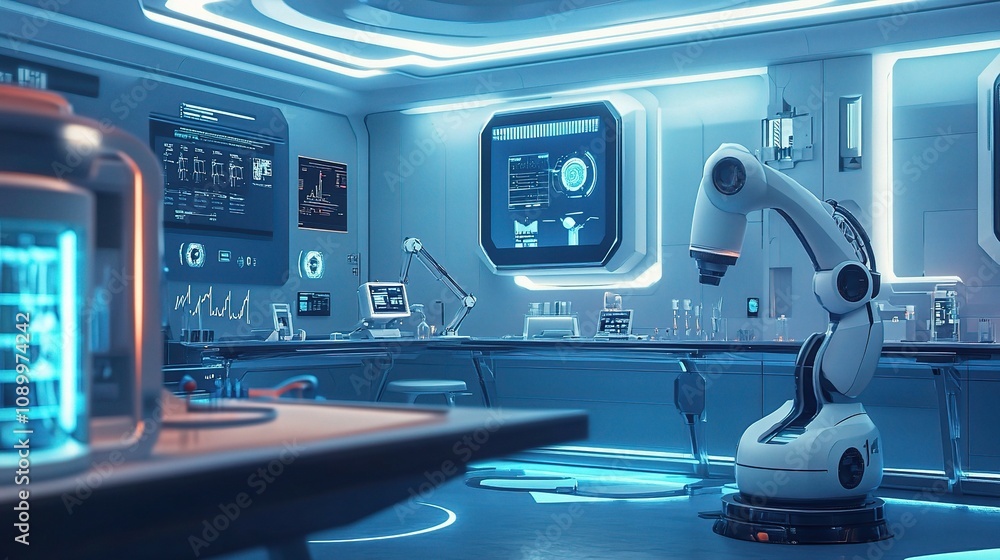 Poster modern laboratory interior with robotic arm and advanced technology displaying high-tech research en