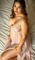 Fototapeta premium Stylish woman in a chic transparent dress, showcasing her curvy hourglass shape and radiant beauty, captured in a close-up shot for premium fashion portfolios.