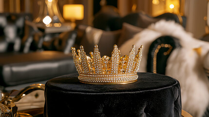 A pristine gold crown encrusted with subtle details, sitting majestically on a black velvet pedestal under focused lighting, selective focus on foreground, copy space for text, ultra HD, 