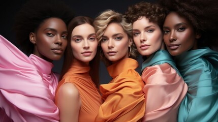 Obraz premium Vibrant Youthful Group Portrait with Ruffled Textures and Bright Colors Against Dark Background