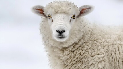 Fototapeta premium A close-up of a fluffy white sheep against a snowy background.