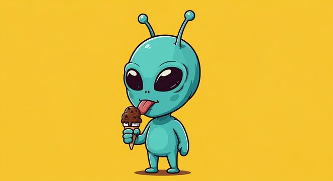 Playful Cartoon Alien Savoring Ice Cream in a Colorful World, Yellow background