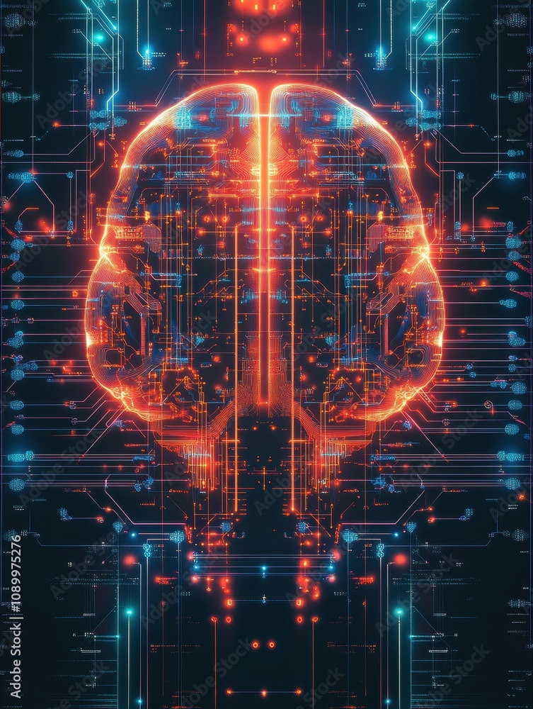 Poster This artwork showcases an abstract digital brain, highlighted by bright neural connections and intricate circuitry against a dark background. Generative AI