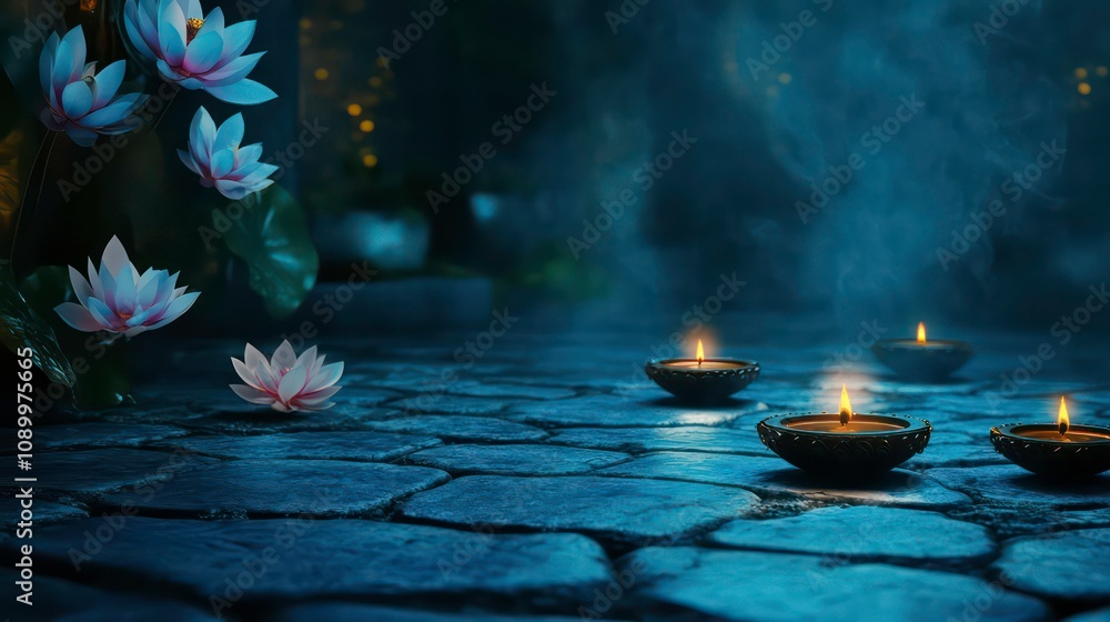 Poster a row of four lit candles on a cobblestone path with a pink lotus flower in the foreground and a haz