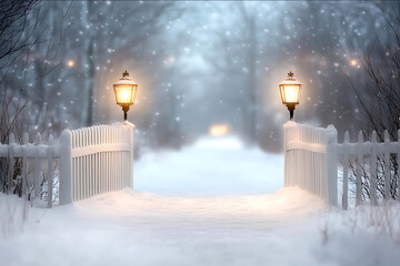 winter theme with white picket fence with lantern in an archway backdrop photography realistic and detailed photo ultra high resolution realistic photography cinematic