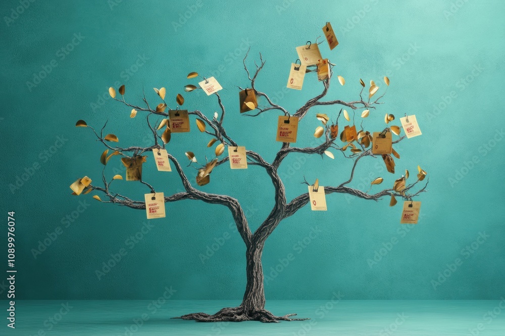 Leinwandbilder A tree features abstract branches adorned with discount symbols and price tags, representing a unique take on savings and shopping. Generative AI