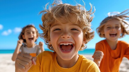Kids Laughing and Leaping Joyfully on the Beach