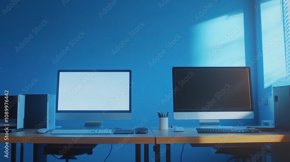 Poster modern office workspace with dual monitors reflecting a calm environment and blue wall color scheme 