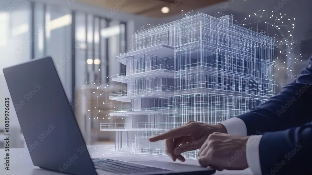 Poster futuristic building design concept with digital blueprints and 3d modeling integration in modern wor