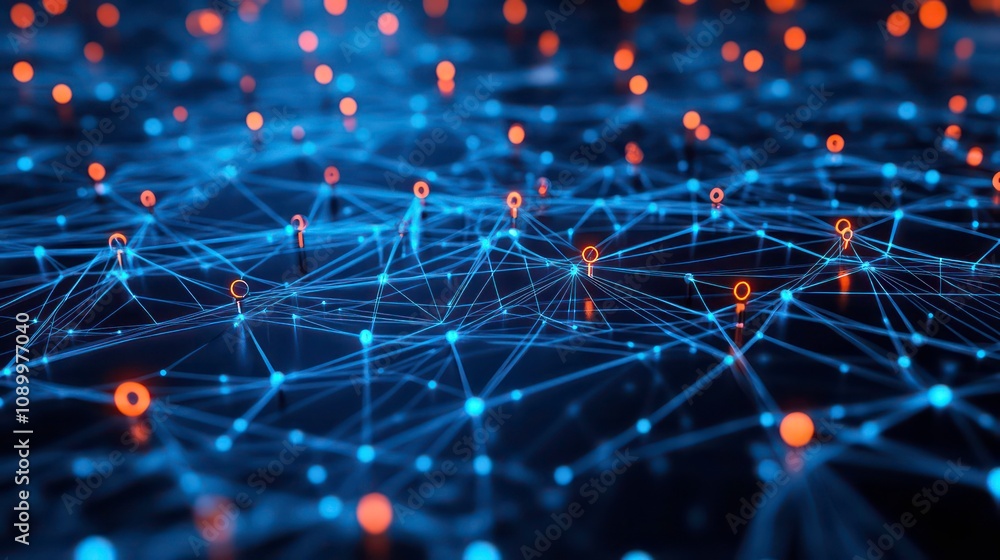 Aufkleber abstract digital network with glowing blue and orange nodes connected by lines.