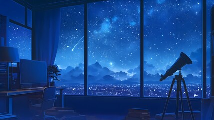A beautiful starry sky as seen from a cozy interior with warm lights, lo-fi ambiance, anime style