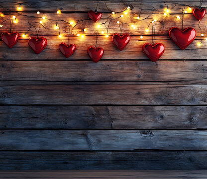 A wooden background with red hearts and fairy lights for Valentines Day photography backdrop in the style of by artist HD 4K iw2