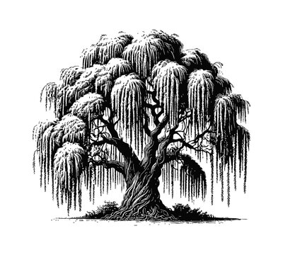 Babylon willow tree engraving black and white outline