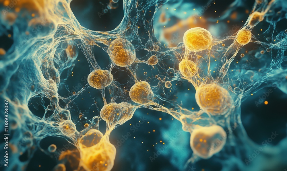 Poster cellular structures and networks, intricate web of glowing cells and fibers, vibrant colors, abstrac