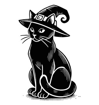 recommend clip art: black cat witch hat engraving black and white outline