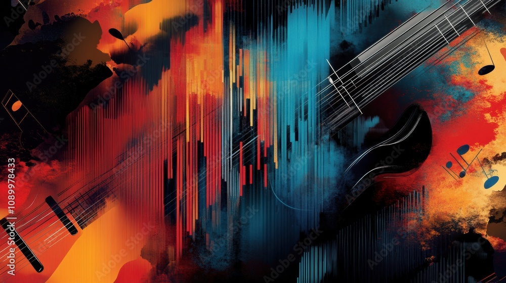 Aufkleber Colorful representation showcases the dynamic relationship between sound waves, musical notes, and instruments in an artistic form. Generative AI