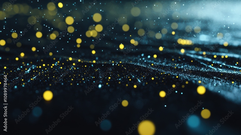 Aufkleber an abstract metallic surface illuminated by glowing yellow and blue particles showcases a dynamic in