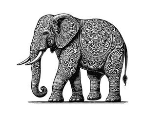elephant tattoo engraving black and white outline