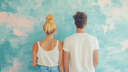 Fototapeta premium A young couple standing with their backs to the camera, facing a textured blue wall, suggesting unity and togetherness.