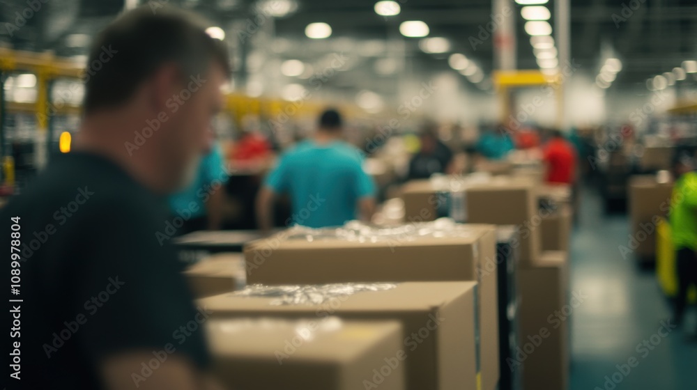 Poster workers are actively sorting and organizing boxes in a bustling warehouse environment