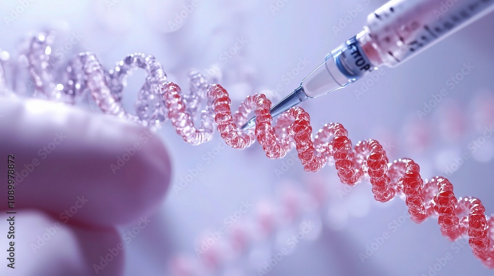 Poster intricate close-up of a lab technician injecting a red and pink spiral structure, showcasing advance