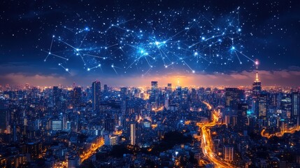 Obraz premium A Stunning Evening Cityscape Displaying Urban Lights Under a Starry Sky with a Network of Stars and Constellations Illuminating the Night Landscape