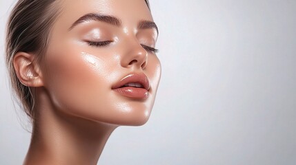 Beautiful Close-Up of a Young Woman with Glossy Skin and Closed Eyes, Exuding Serenity and Natural Radiance in Studio Lighting