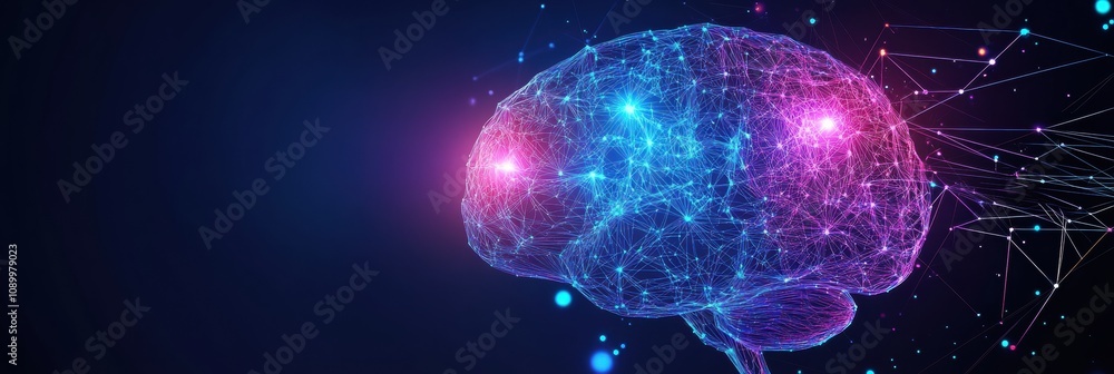 Fototapete This abstract art features a digital brain of interconnected lines and glowing nodes, representing information flow and neural links. Generative AI
