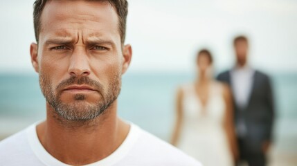 Naklejka premium A rugged man looks intensely forward, visibly worried, as a couple in wedding attire is blurred in the background, adding emotional weight.