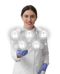 Medical privacy. Health worker holding virtual with lock icons on white background