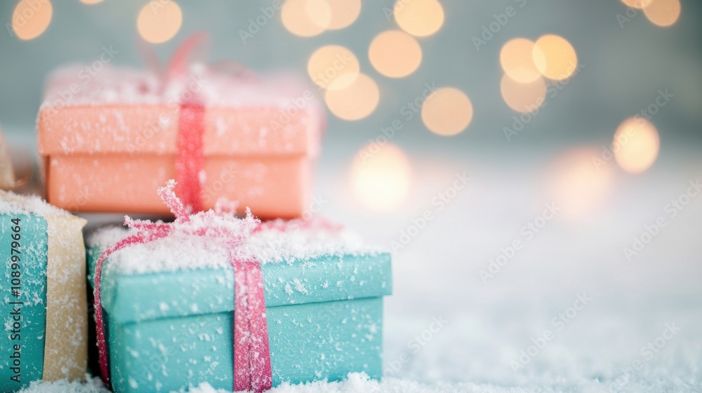 Poster brightly wrapped gifts lie on a snowy ground, surrounded by soft bokeh lights creating a warm and fe